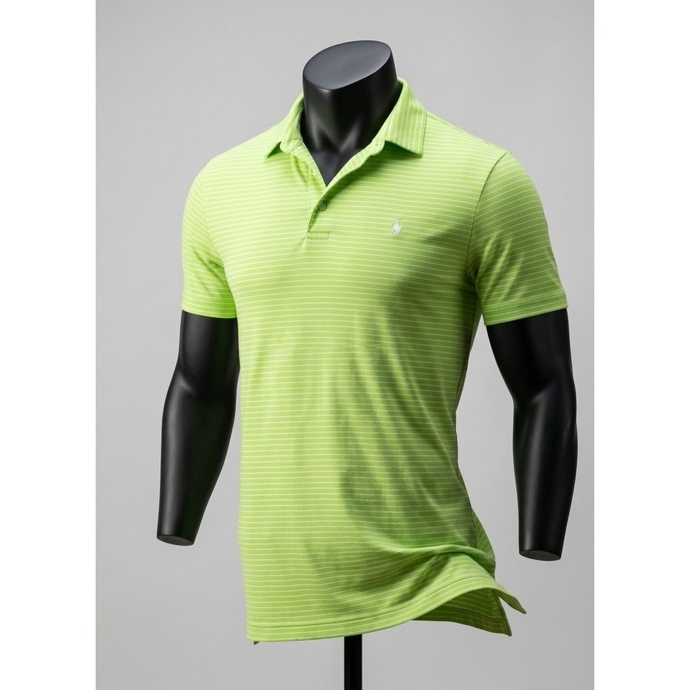 Polo Ralph Lauren Mens Lime Green White Striped Cotton Pique Casual Polo Size LG